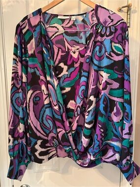 Susan Graver Multicolor Abstract Print Draped Blouse — Purple, Teal, Black